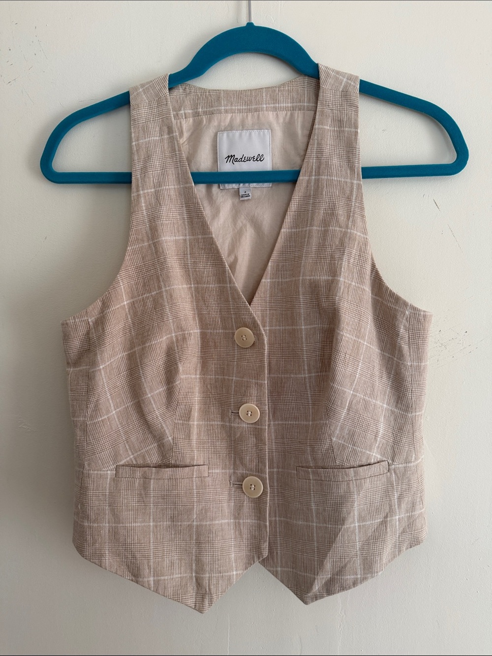 Madewell Neutral Plaid Linen-Blend Vest in Light Beige